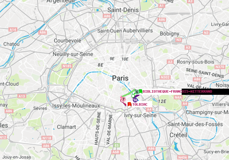 plan itinéraire ratp de Bibliotheque-Francois Mitterrand à Tolbiac