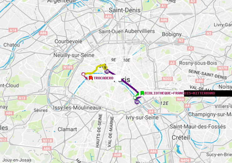 plan itinéraire ratp de Bibliotheque-Francois Mitterrand à Trocadéro