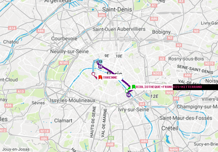 plan itinéraire ratp de Bibliotheque-Francois Mitterrand à Varenne