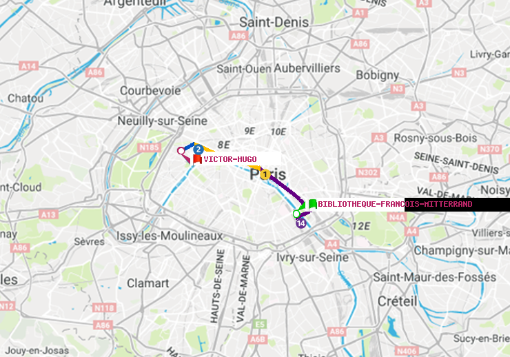 plan itinéraire ratp de Bibliotheque-Francois Mitterrand à Victor Hugo