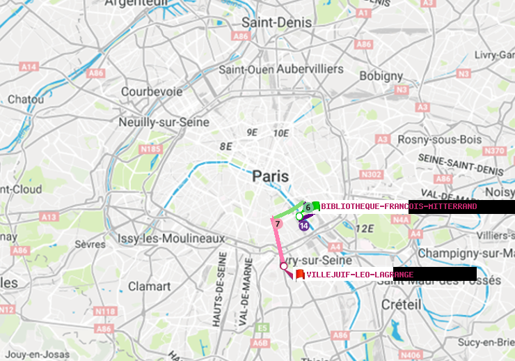 plan itinéraire ratp de Bibliotheque-Francois Mitterrand à Villejuif-Léo Lagrange