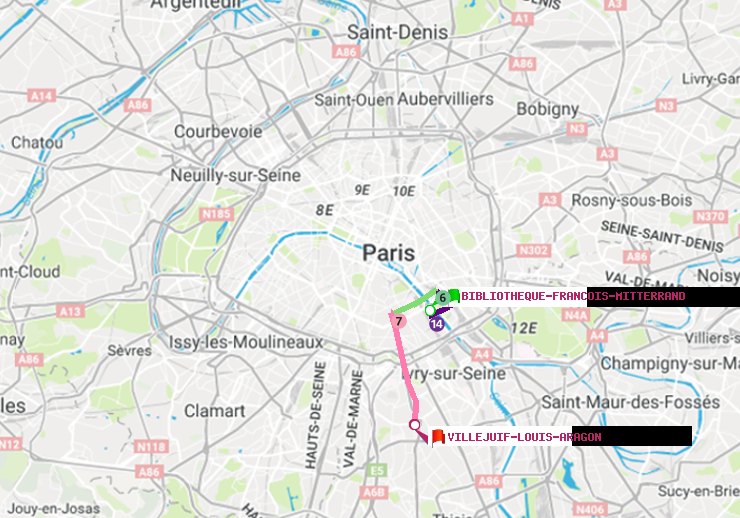 plan itinéraire ratp de Bibliotheque-Francois Mitterrand à Villejuif-Louis Aragon
