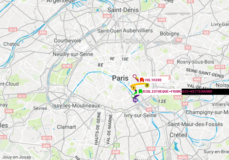 plan itinéraire ratp de Bibliotheque-Francois Mitterrand à Voltaire (Léon Blum)