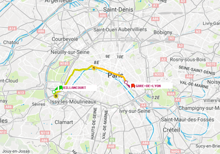 plan itinéraire ratp de Billancourt à Gare de Lyon