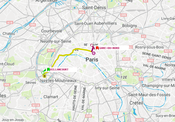 plan itinéraire ratp de Billancourt à Gare du Nord