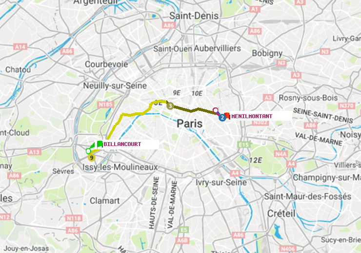 plan itinéraire ratp de Billancourt à Ménilmontant