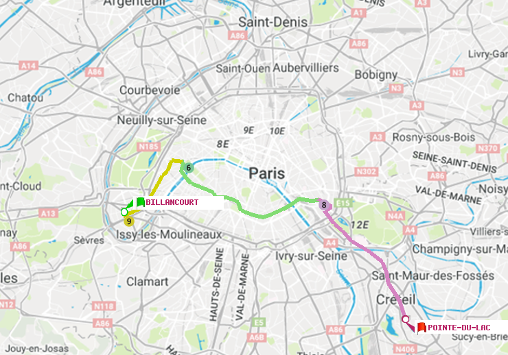 plan itinéraire ratp de Billancourt à Pointe du Lac