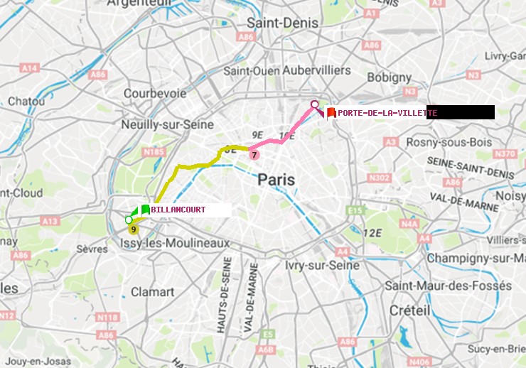 plan itinéraire ratp de Billancourt à Porte de la Villette