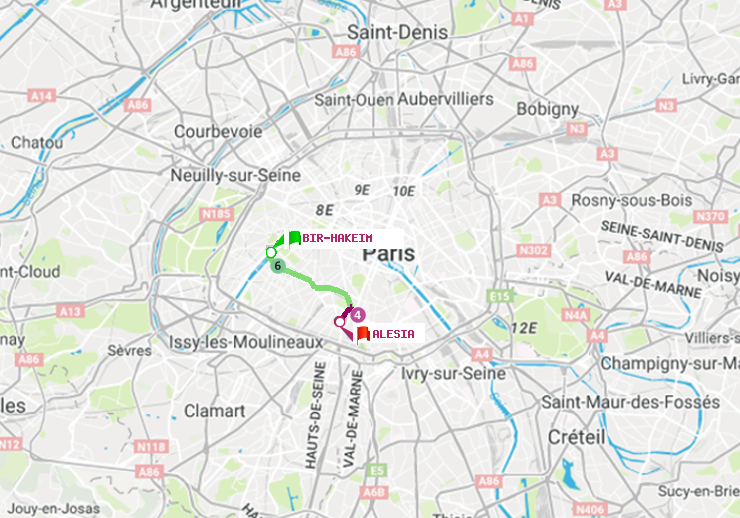 plan itinéraire ratp de Bir-Hakeim (Grenelle) à Alésia