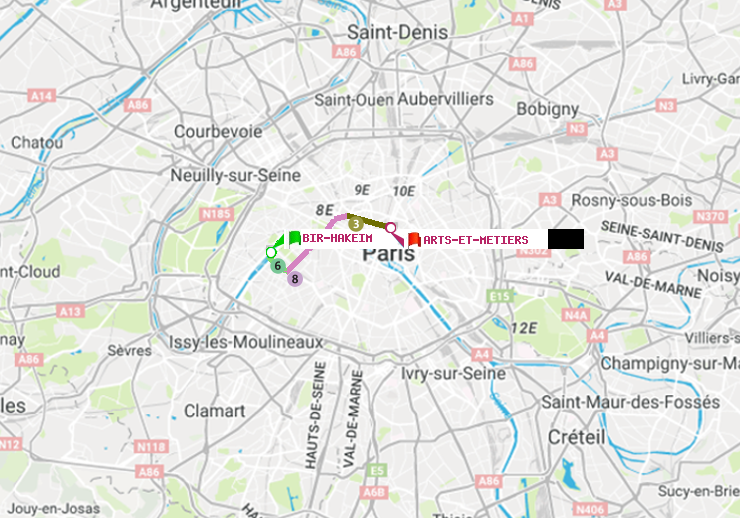 plan itinéraire ratp de Bir-Hakeim (Grenelle) à Arts-et-Métiers