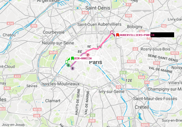 plan itinéraire ratp de Bir-Hakeim (Grenelle) à Aubervilliers Pantin (4 Chemins)