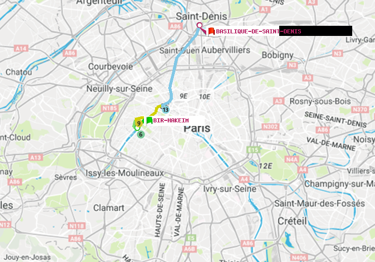 plan itinéraire ratp de Bir-Hakeim (Grenelle) à Basilique de Saint-Denis