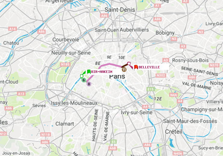 plan itinéraire ratp de Bir-Hakeim (Grenelle) à Belleville
