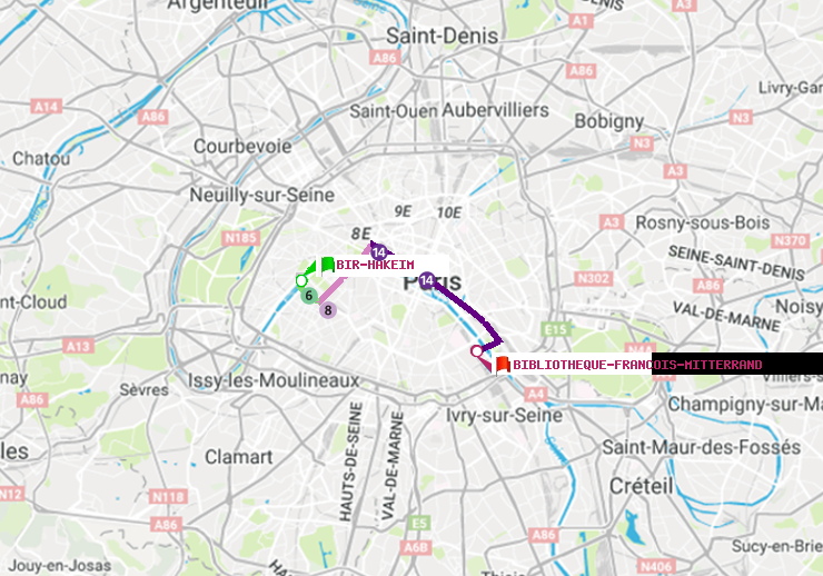 plan itinéraire ratp de Bir-Hakeim (Grenelle) à Bibliotheque-Francois Mitterrand