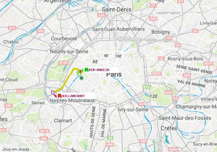 plan itinéraire ratp de Bir-Hakeim (Grenelle) à Billancourt