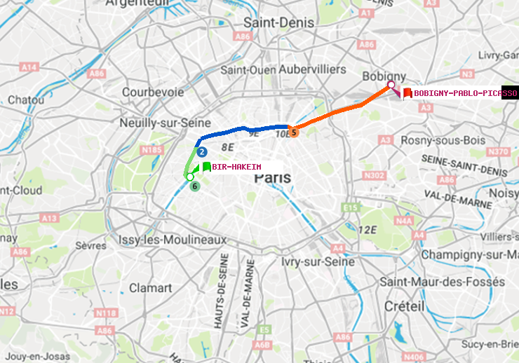 plan itinéraire ratp de Bir-Hakeim (Grenelle) à Bobigny-Pablo-Picasso