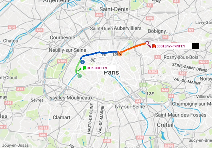 plan itinéraire ratp de Bir-Hakeim (Grenelle) à Bobigny-Pantin (Raymond Queneau)