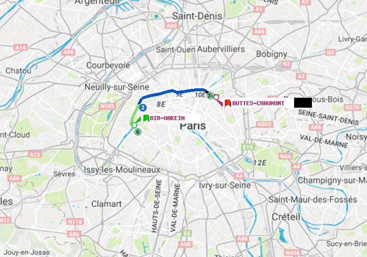 plan itinéraire ratp de Bir-Hakeim (Grenelle) à Buttes-Chaumont