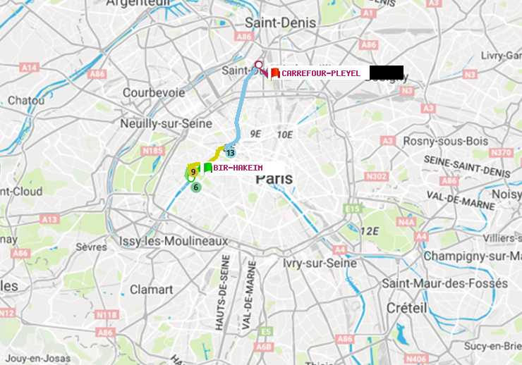 plan itinéraire ratp de Bir-Hakeim (Grenelle) à Carrefour-Pleyel