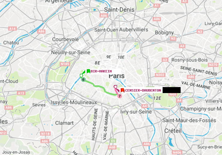 plan itinéraire ratp de Bir-Hakeim (Grenelle) à Censier-Daubenton