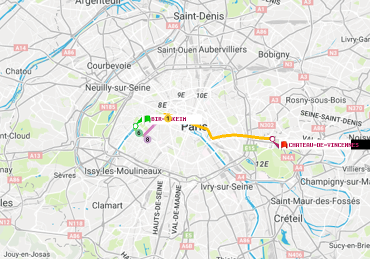 plan itinéraire ratp de Bir-Hakeim (Grenelle) à Château de Vincennes