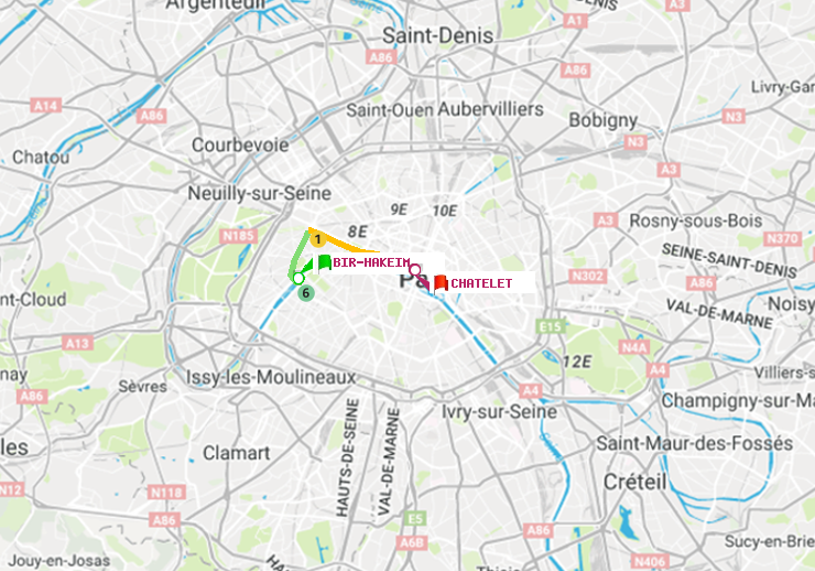 plan itinéraire ratp de Bir-Hakeim (Grenelle) à Châtelet