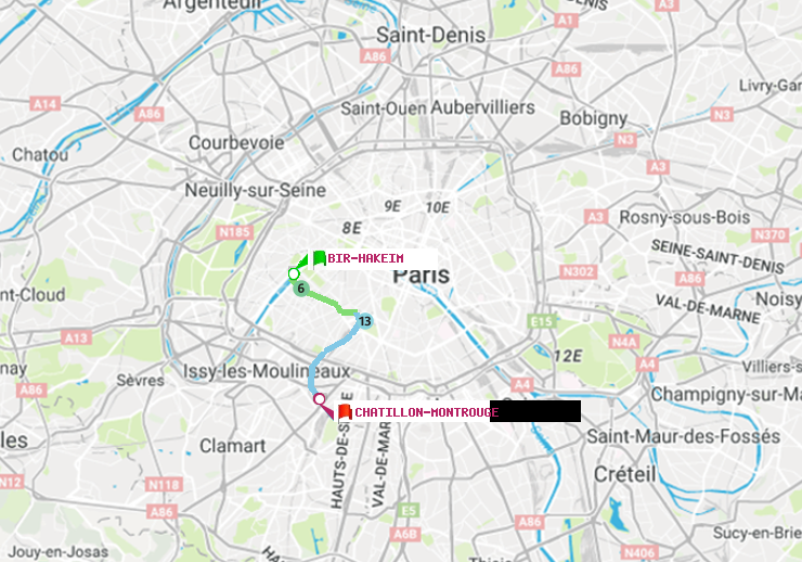 plan itinéraire ratp de Bir-Hakeim (Grenelle) à Châtillon Montrouge