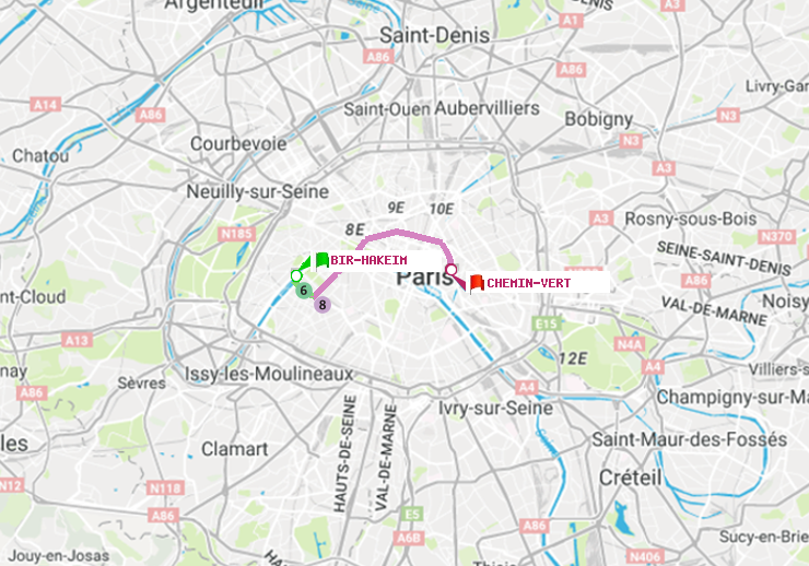 plan itinéraire ratp de Bir-Hakeim (Grenelle) à Chemin Vert