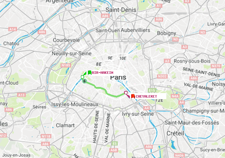 plan itinéraire ratp de Bir-Hakeim (Grenelle) à Chevaleret