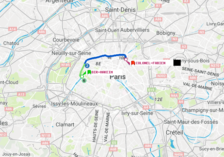 plan itinéraire ratp de Bir-Hakeim (Grenelle) à Colonel Fabien