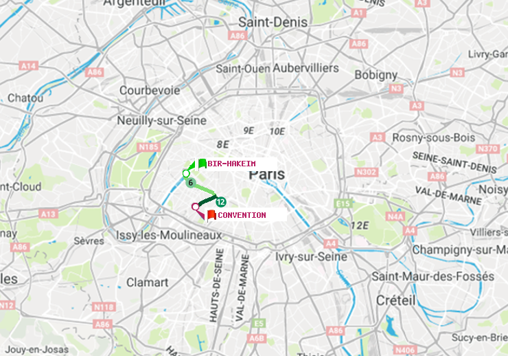 plan itinéraire ratp de Bir-Hakeim (Grenelle) à Convention