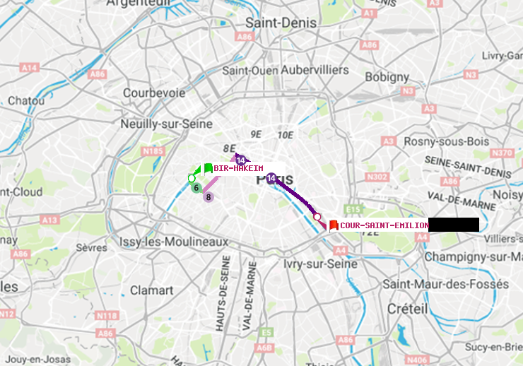 plan itinéraire ratp de Bir-Hakeim (Grenelle) à Cour Saint-Emilion