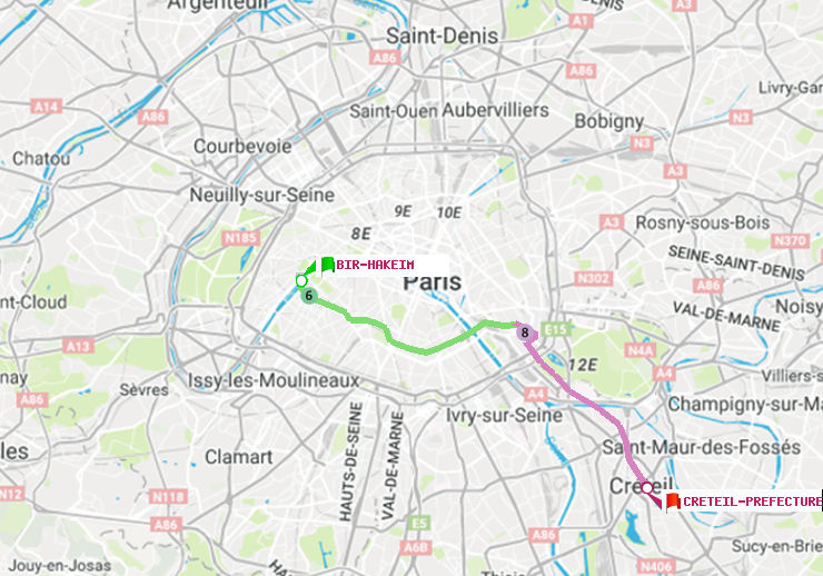plan itinéraire ratp de Bir-Hakeim (Grenelle) à Créteil-Préfecture (Hôtel de Ville)