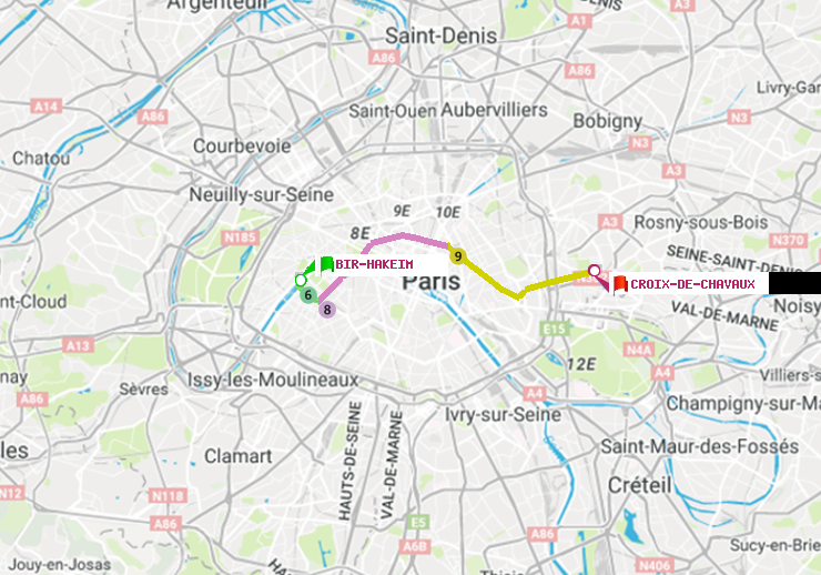 plan itinéraire ratp de Bir-Hakeim (Grenelle) à Croix-de-Chavaux (Jacques Duclos)