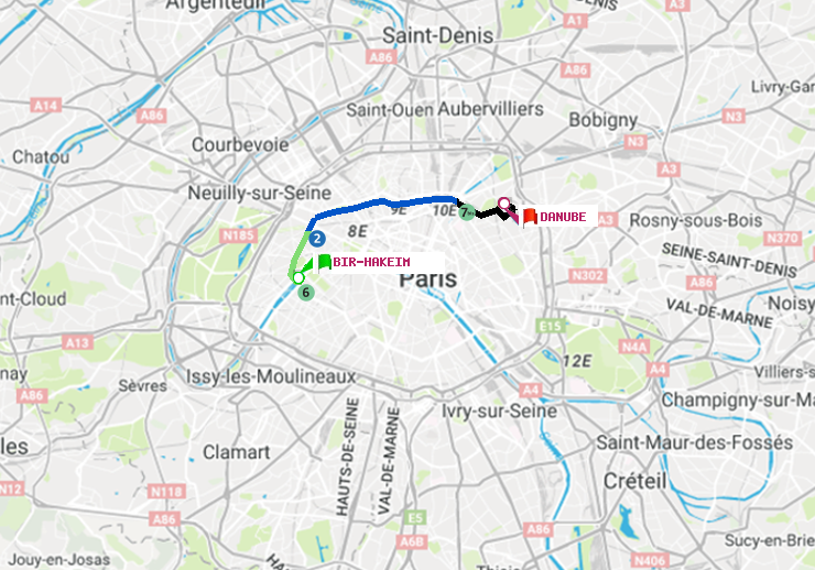 plan itinéraire ratp de Bir-Hakeim (Grenelle) à Danube