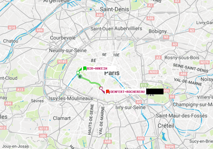 plan itinéraire ratp de Bir-Hakeim (Grenelle) à Denfert-Rochereau