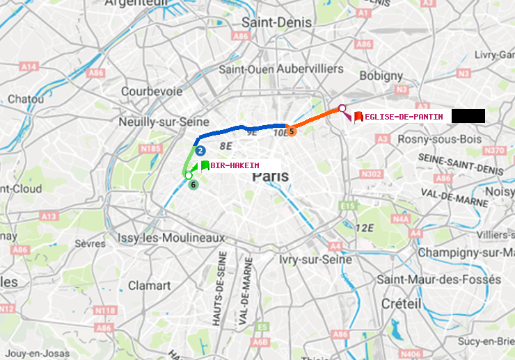 plan itinéraire ratp de Bir-Hakeim (Grenelle) à Eglise de Pantin
