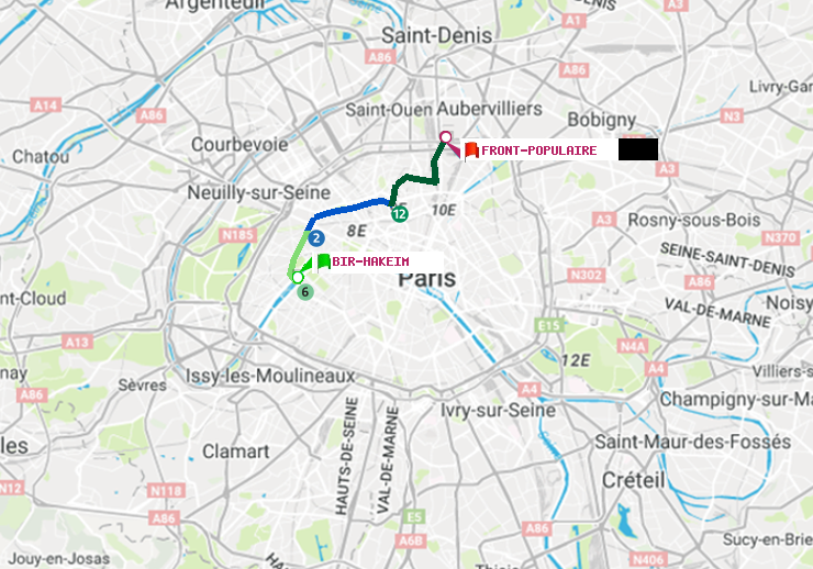 plan itinéraire ratp de Bir-Hakeim (Grenelle) à Front Populaire