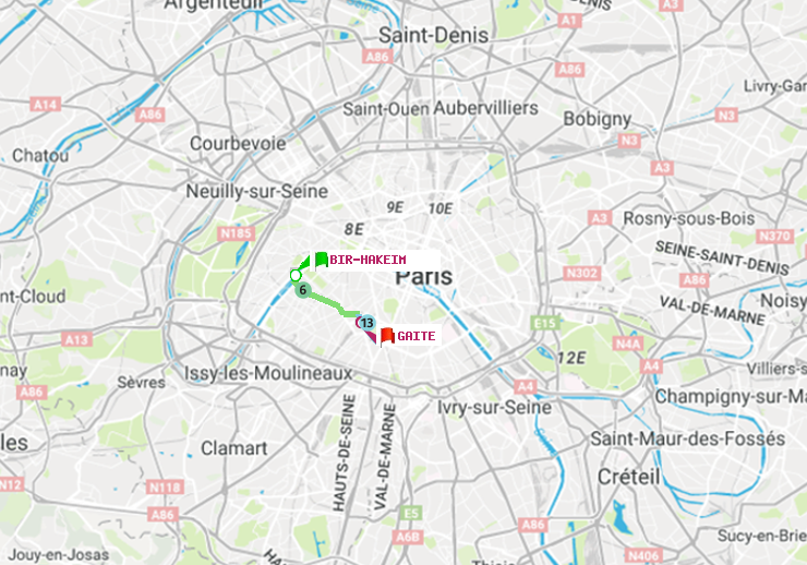 plan itinéraire ratp de Bir-Hakeim (Grenelle) à Gaité