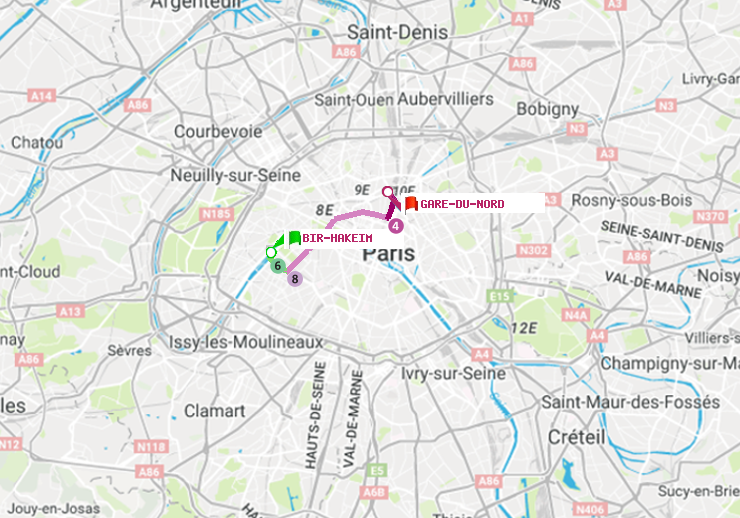 plan itinéraire ratp de Bir-Hakeim (Grenelle) à Gare du Nord