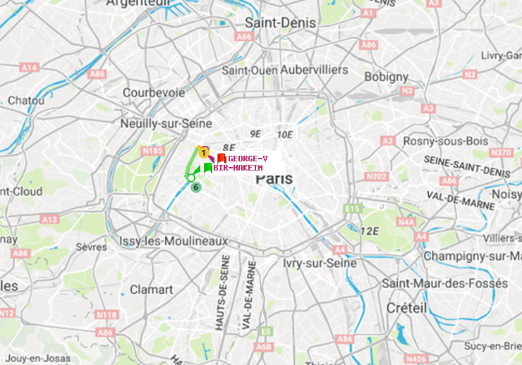 plan itinéraire ratp de Bir-Hakeim (Grenelle) à George V