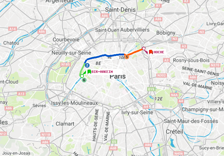 plan itinéraire ratp de Bir-Hakeim (Grenelle) à Hoche