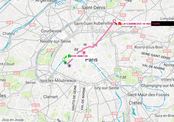 plan itinéraire ratp de Bir-Hakeim (Grenelle) à La Courneuve-8-Mai-1945
