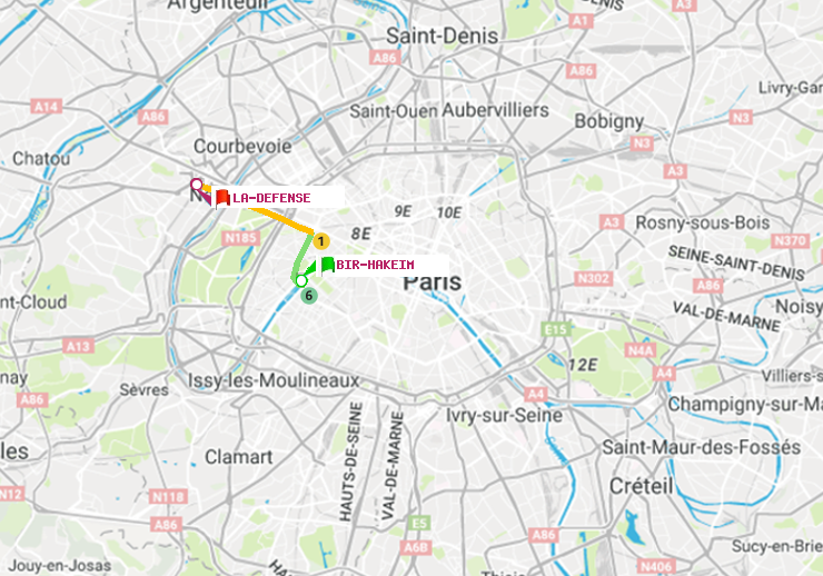 plan itinéraire ratp de Bir-Hakeim (Grenelle) à La Défense (Grande Arche)