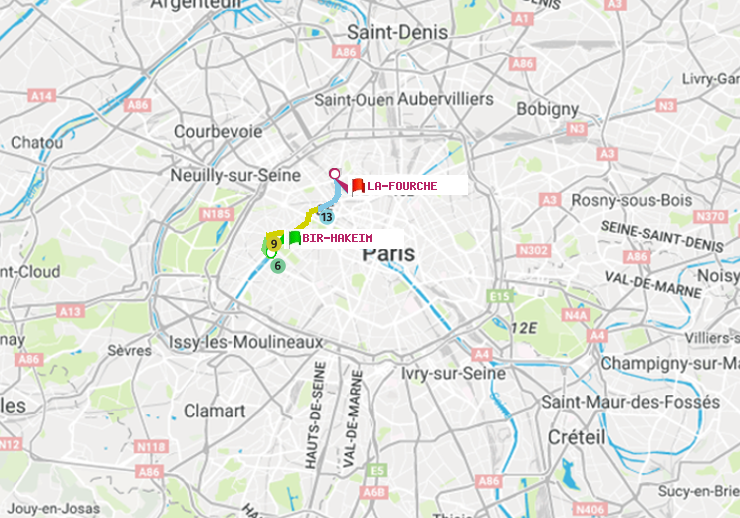 plan itinéraire ratp de Bir-Hakeim (Grenelle) à La Fourche