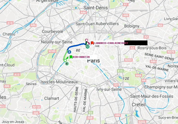 plan itinéraire ratp de Bir-Hakeim (Grenelle) à Lamarck-Caulaincourt
