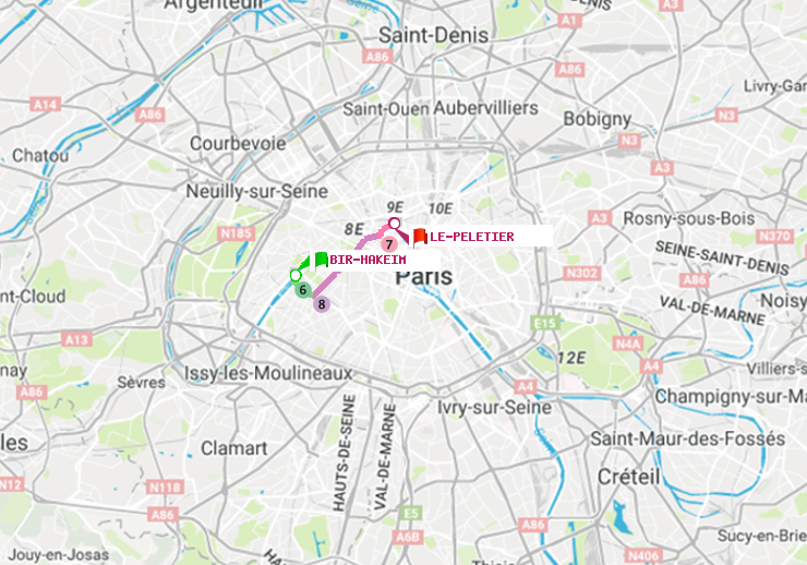 plan itinéraire ratp de Bir-Hakeim (Grenelle) à Le Peletier