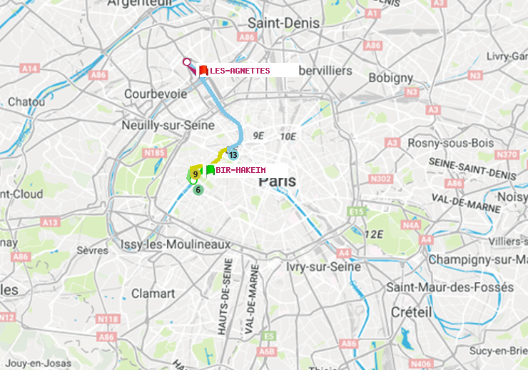 plan itinéraire ratp de Bir-Hakeim (Grenelle) à Les Agnettes