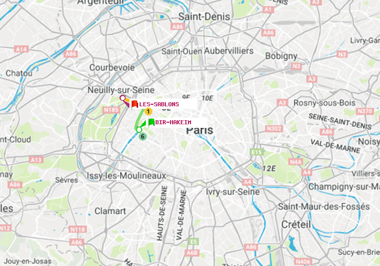 plan itinéraire ratp de Bir-Hakeim (Grenelle) à Les Sablons (Jardin d