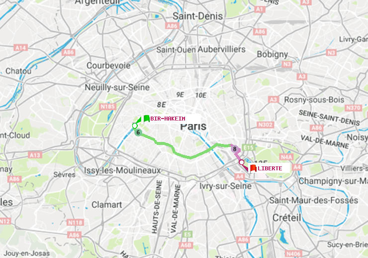 plan itinéraire ratp de Bir-Hakeim (Grenelle) à Liberté